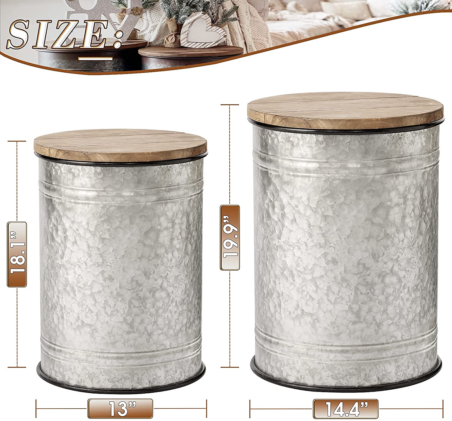 Sunmthink 2 Piece Rustic End Table with Storage, Ottoman Seat with Round Wood Lid, Silver