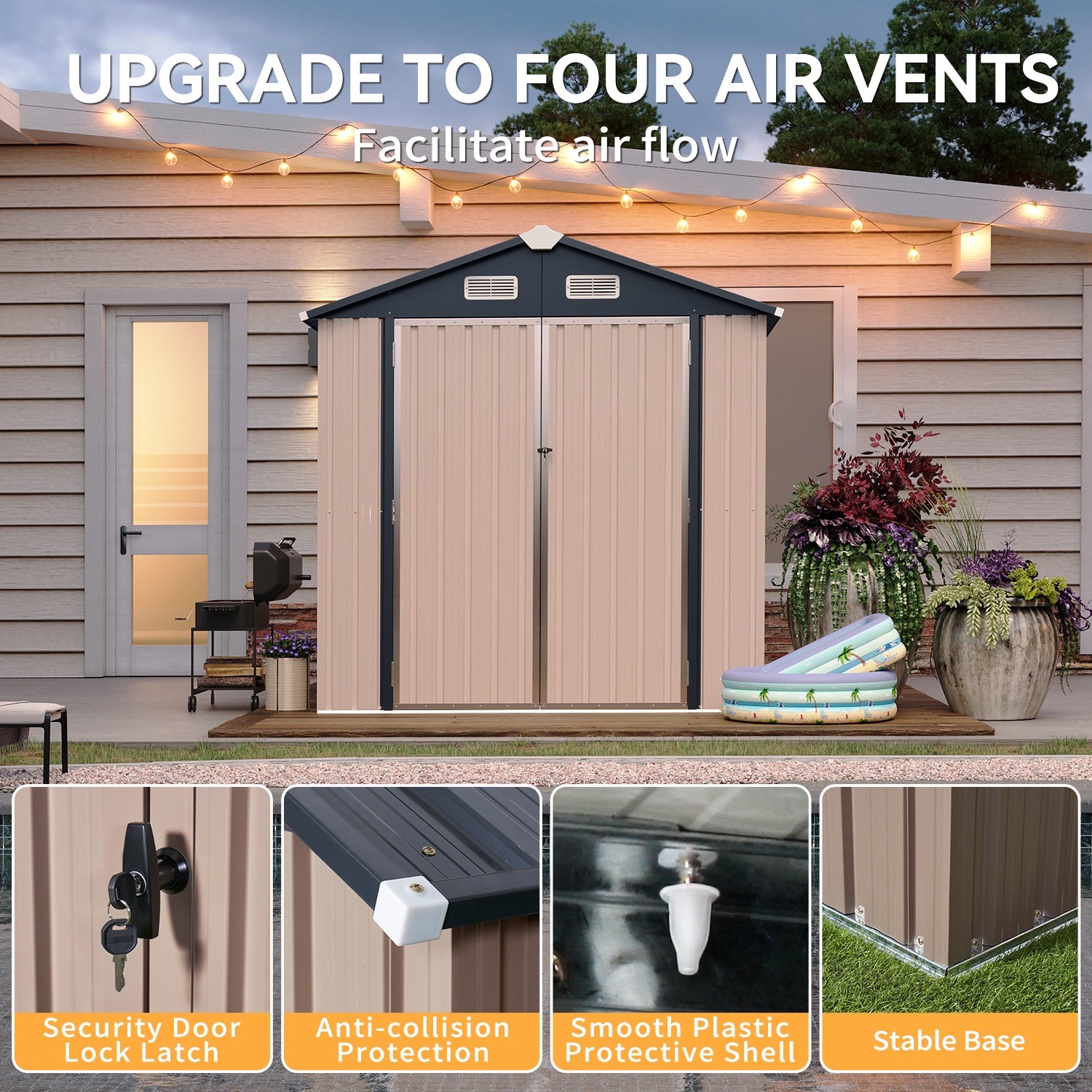 6x4 FT Outdoor Storage Shed, Galvanized Metal Shed with Lockable Door, Utility Steel Tool Shed with Air Vents for Garden, Backyard, Patio, Lawn(with Plastic Floor)