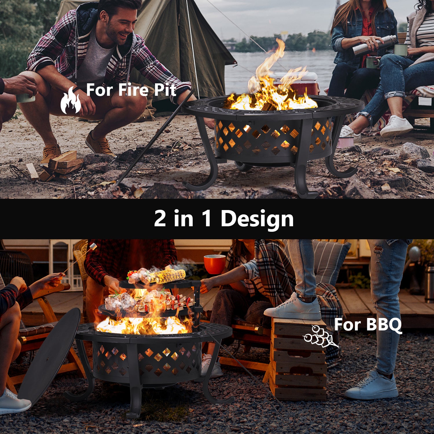 28" Metal Burning Fire Pit with 2 Removable Cooking Swivel, BBQ, Party