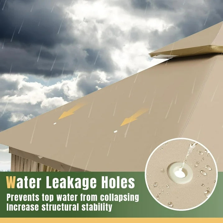 AOXUN Outdoor Gazebo for Patio 10x12, Metal Frame Canopy with Double Roofs, Heavy Duty Party Tent and Shelter with Mosquito Netting and Privacy Screen for Backyard, Lawn, Garden,Deck (Beige)