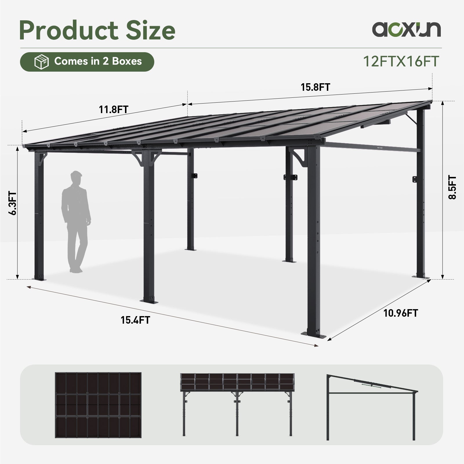 Sunmthink Outdoor Hardtop Gazebo for Patio 12' x 16', Wall-Mounted Lean to Gazebo Pergola with Roof