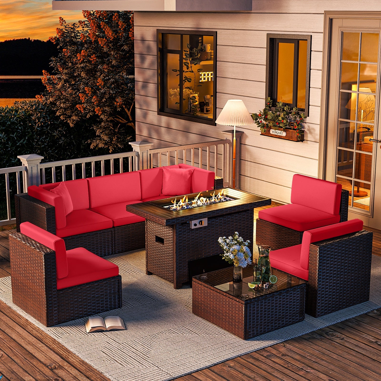 7 Pcs Patio Furniture Sets with Coffee Table, Outdoor Sectional PE Rattan Wicker Conversation Sets for Deck, Garden, Pool, Red