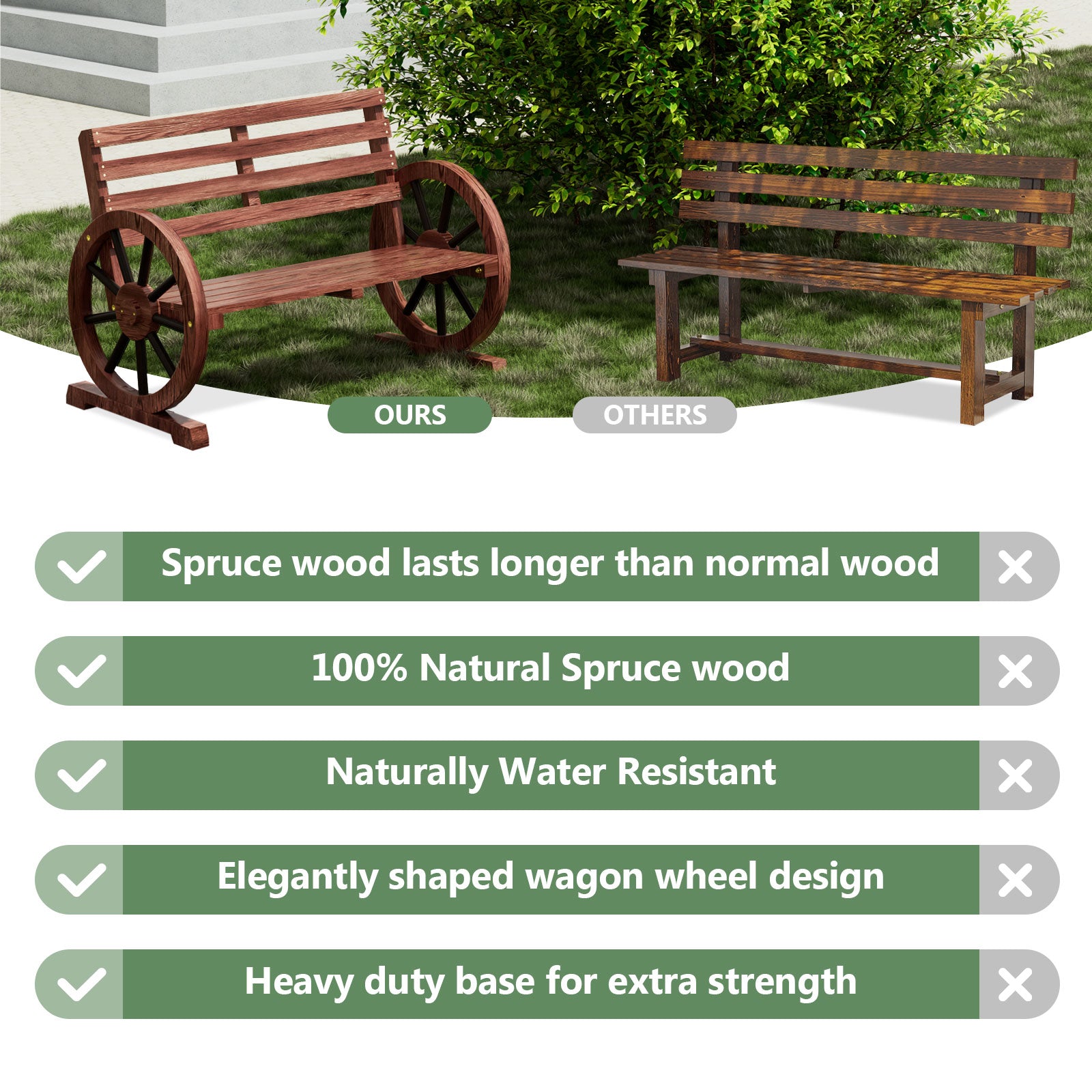 41" Outdoor Bench Garden Rustic Wooden Wheel Bench Wagon Slatted Seat Patio Bench for Backyard, Porch, Garden