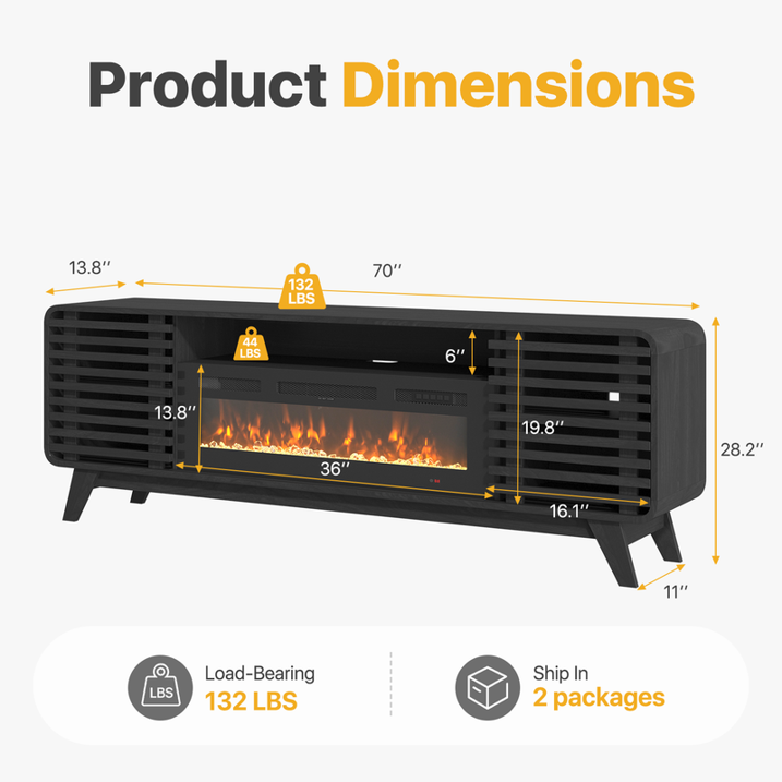 Sonegra Fireplace TV Stand with 36" Electric Fireplace, Mid Century Modern Entertainment Center with Led Lights for 80" TVs , Wood Media Console with Slatted Sliding Doors for Living Room