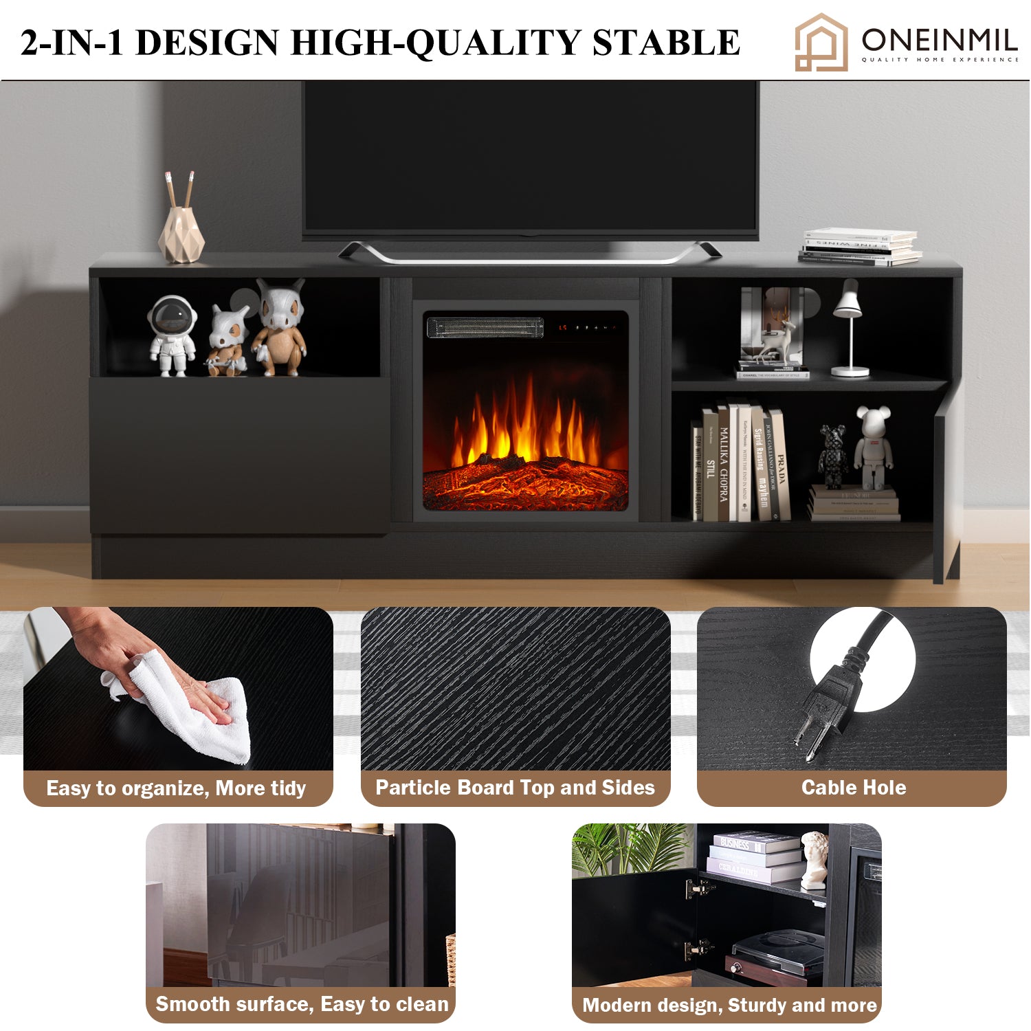 65" Fireplace TV Stand for TVs up to 75", TV Stand with Electric Fireplace, Console Entertainment Center, Black