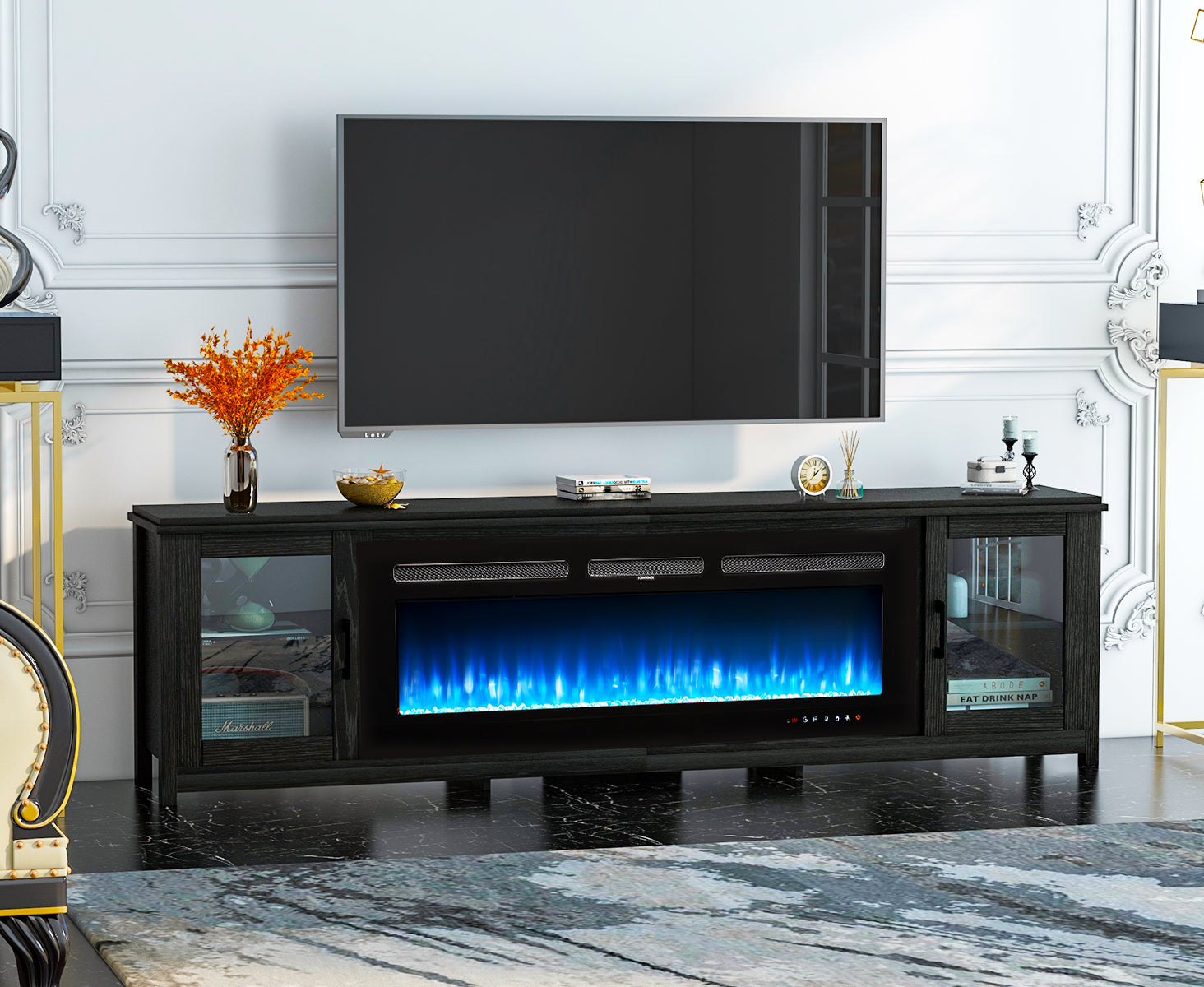 Fireplace TV Stand for TVs up to 90", 80" TV Stand with 50" Electric Fireplace, Entertainment Center with Glass Doors, Black