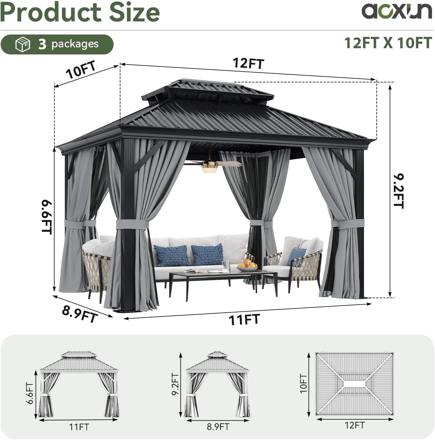 Aoxun Permanent Hardtop Gazebo with Integrated Water Gutter & Drainage