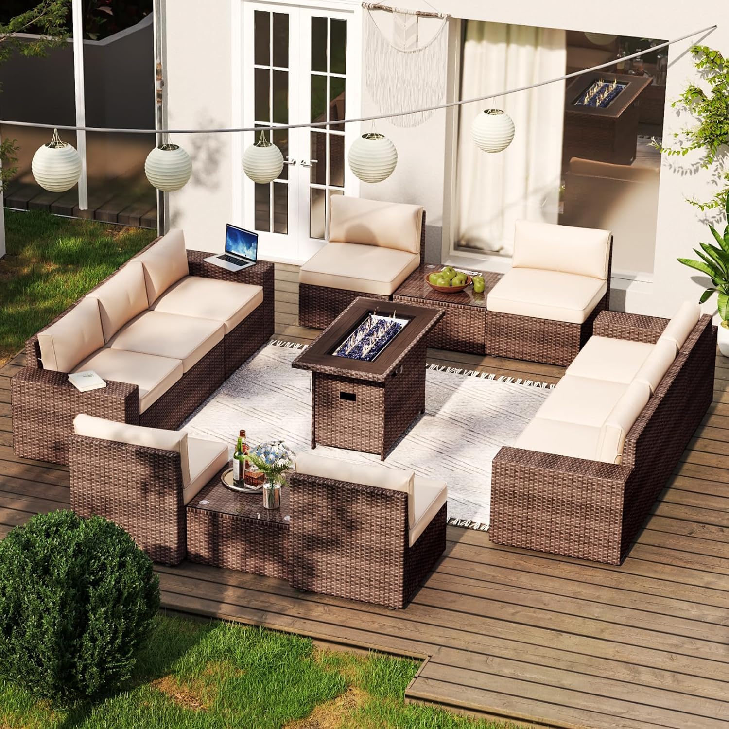 13pcs Patio Furniture Set with Fire Pit Table, Outside Rattan Sectional Sofa With 2 Coffee Table, Beige(with Waterproof Cover)