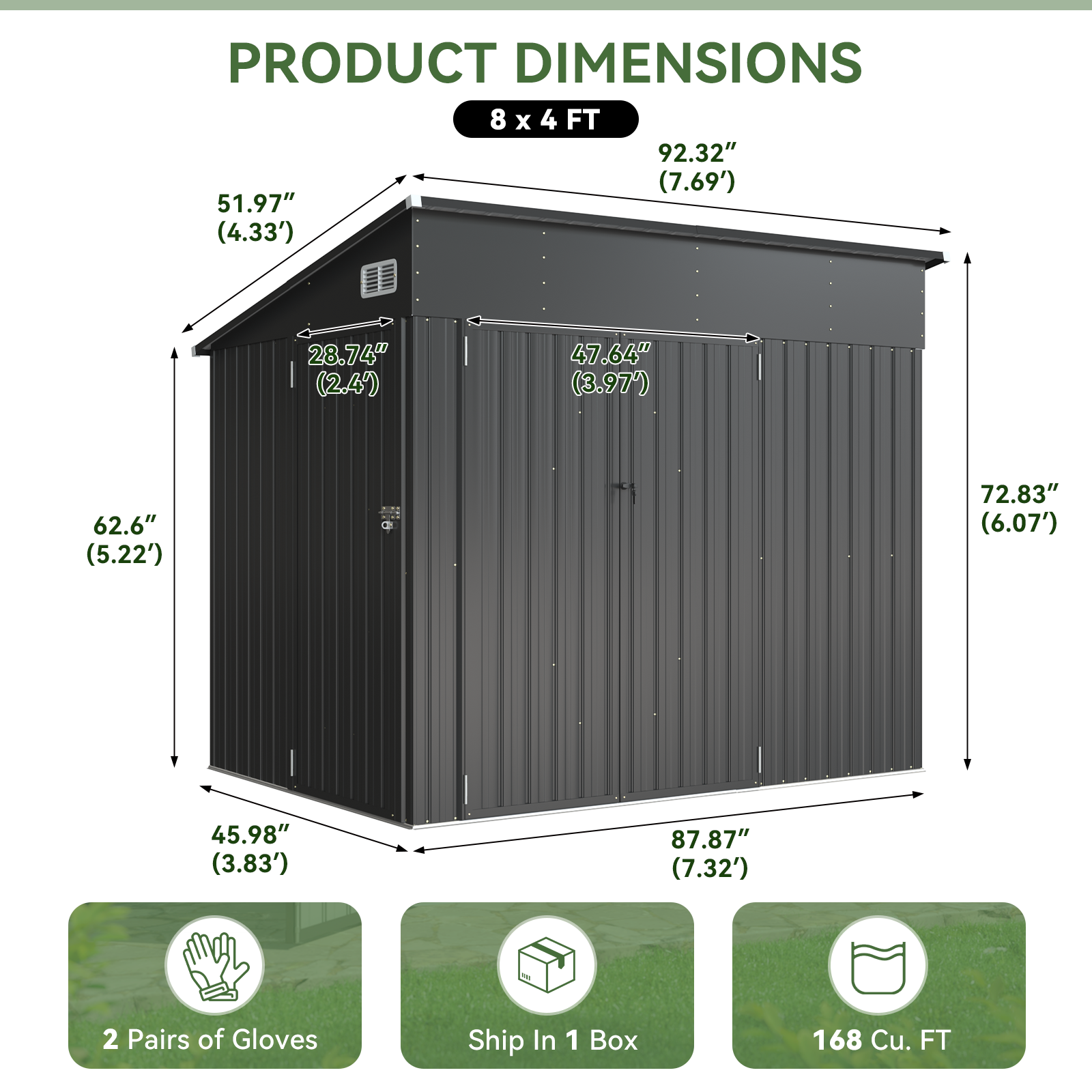 Aoxun 7.5'x4' Triple Door Shed Outdoor Storage Shed with Three Lockable Door Metal Storage Cabinet with Slopping Roof for Tools Bicycles Storage for Garden, Backyards (Black)