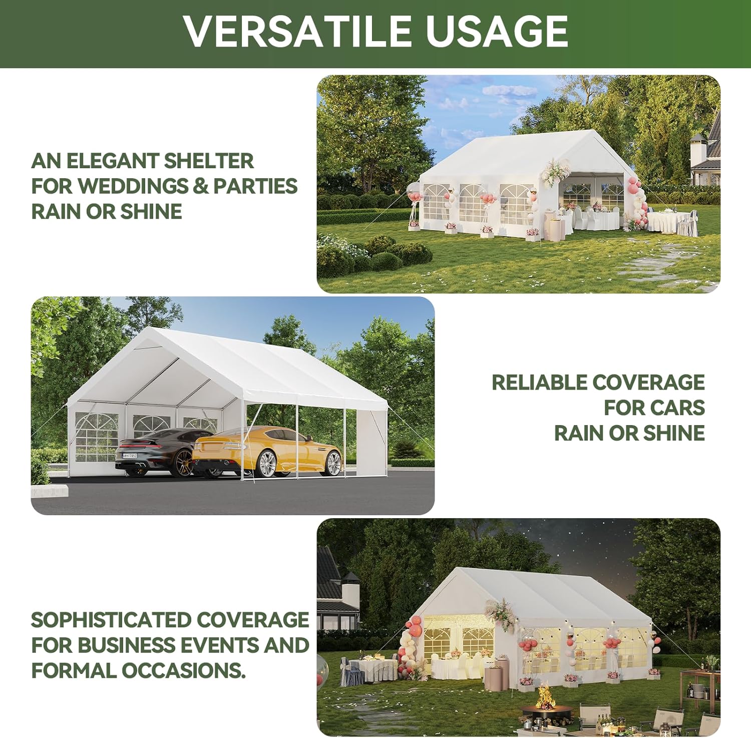 Aoxun Party Tent Canopy for Weddings Waterproof Event Tent with Removable Sidewalls &Roll-up Door, Heavy-Duty Steel Frame for Outdoor Weddings, BBQ, Birthday Parties, & Camping,White