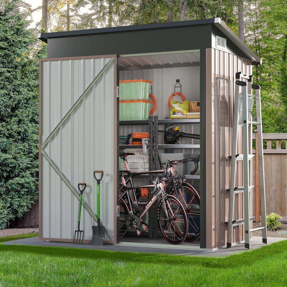 5' x 3' Utility Mini Metal Shed without Base, Tool Storage Lean-to Shed with Air Vent and Lockable Door, Brown