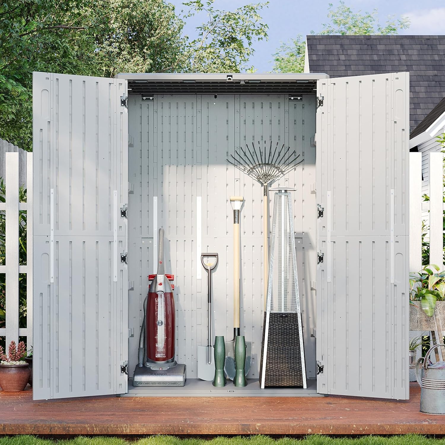 Resin Vertical Shed with Floor, Tall Tool Shed with Lockable Doors, DIY Friendly, 64 Cubic Feet