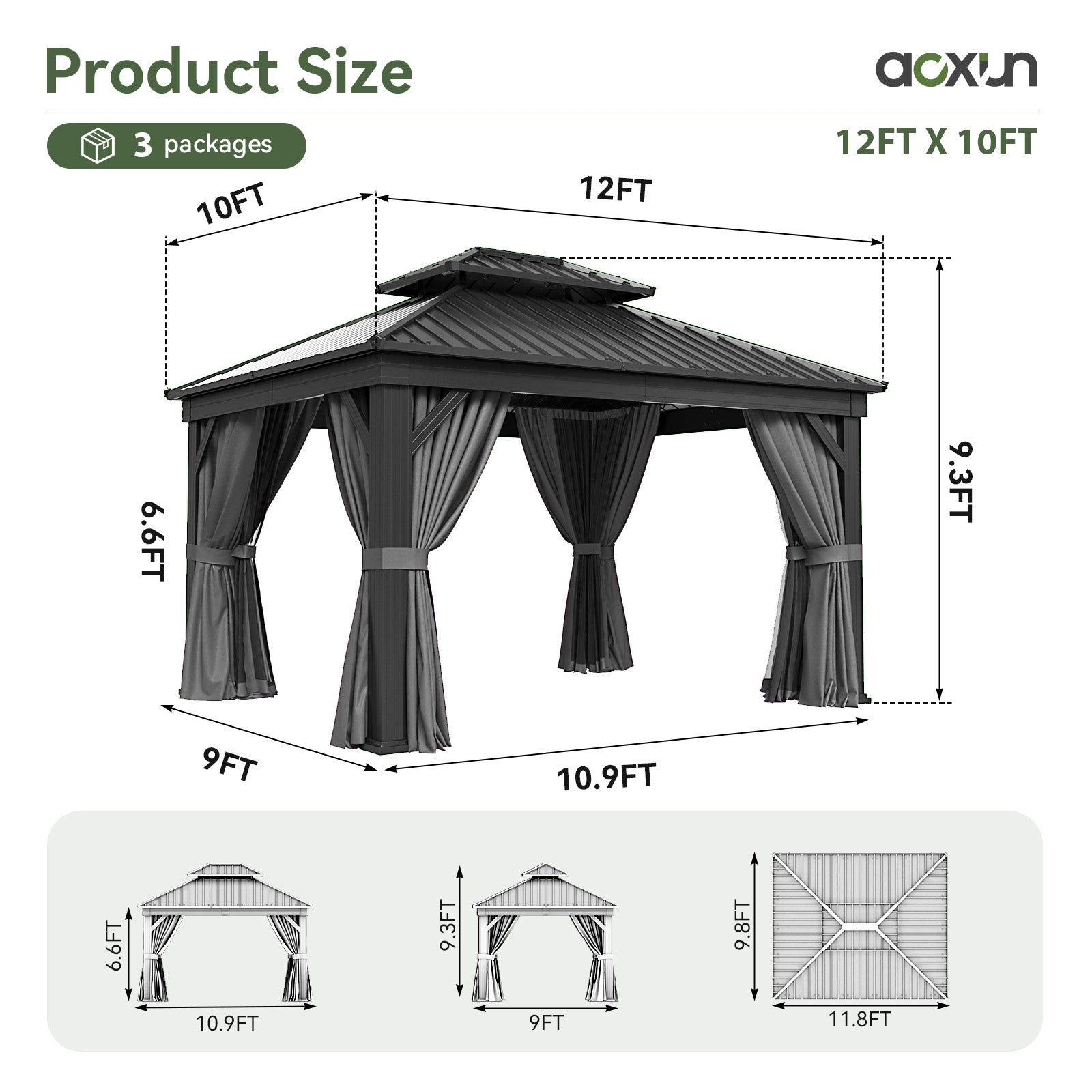 10' X 12' Hardtop Gazebo, Aluminum Outdoor Gazebo with Galvanized Steel Double Roof Canopy, Permanent Metal Gazebo with Privacy Curtain and Netting, for Garden, Backyard, Deck