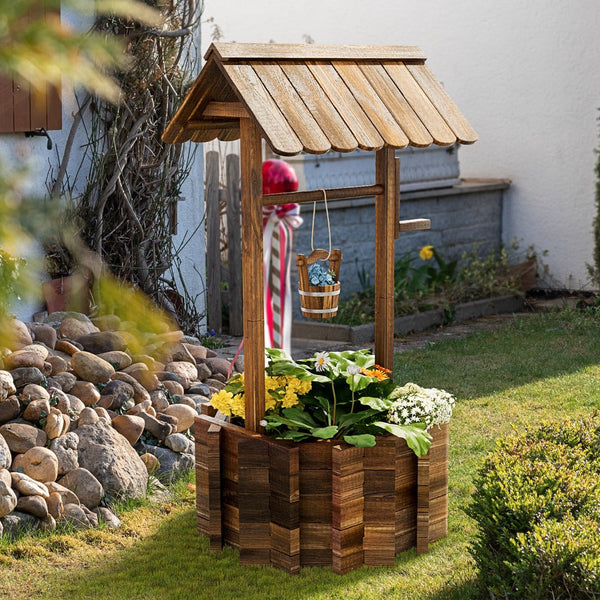 Hexagon Wooden Wishing Well Cover, Fake Well with Hanging Bucket (larg