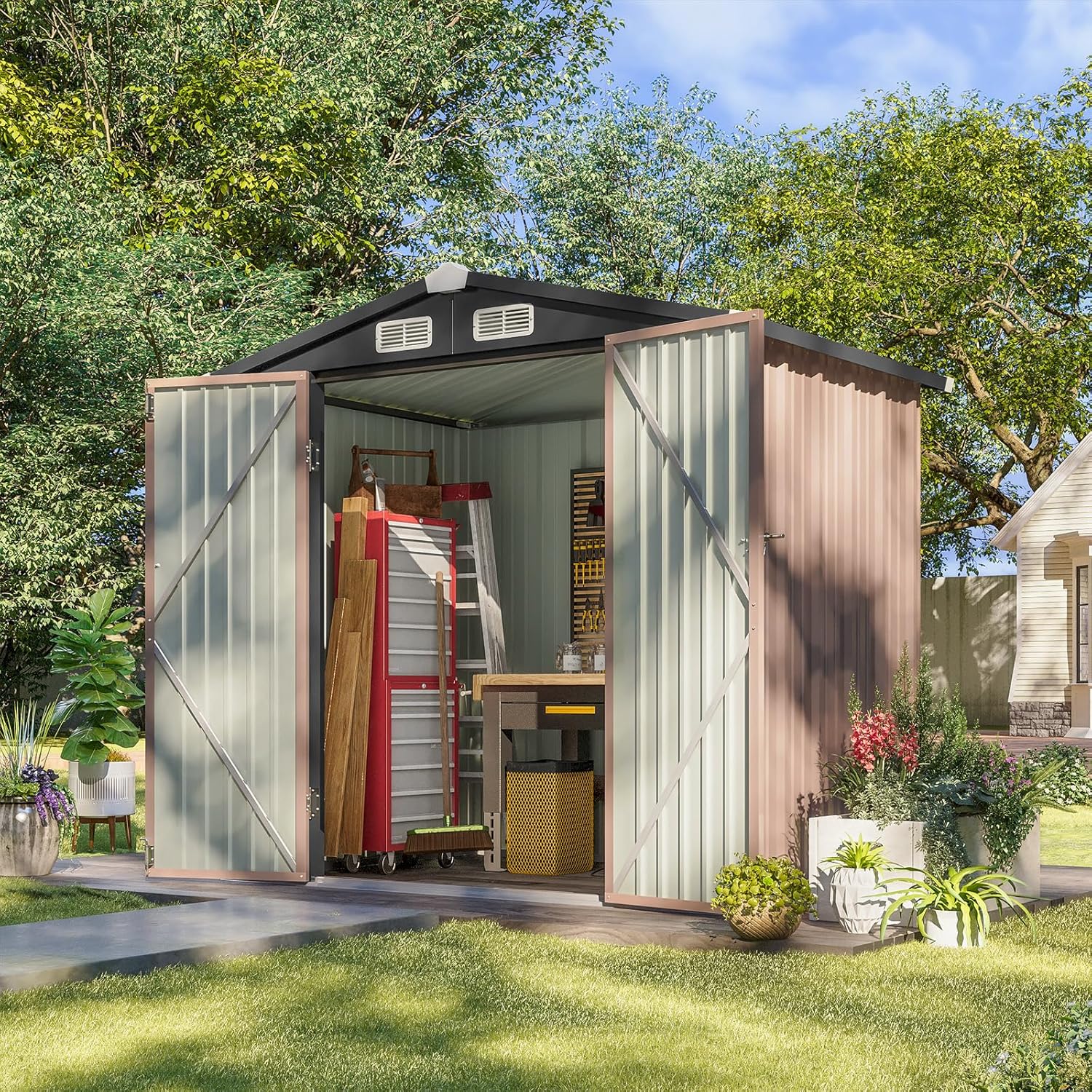Aoxun 6.2x4 FT Shed Outdoor Storage Shed with Lockable Doors & Sloopin