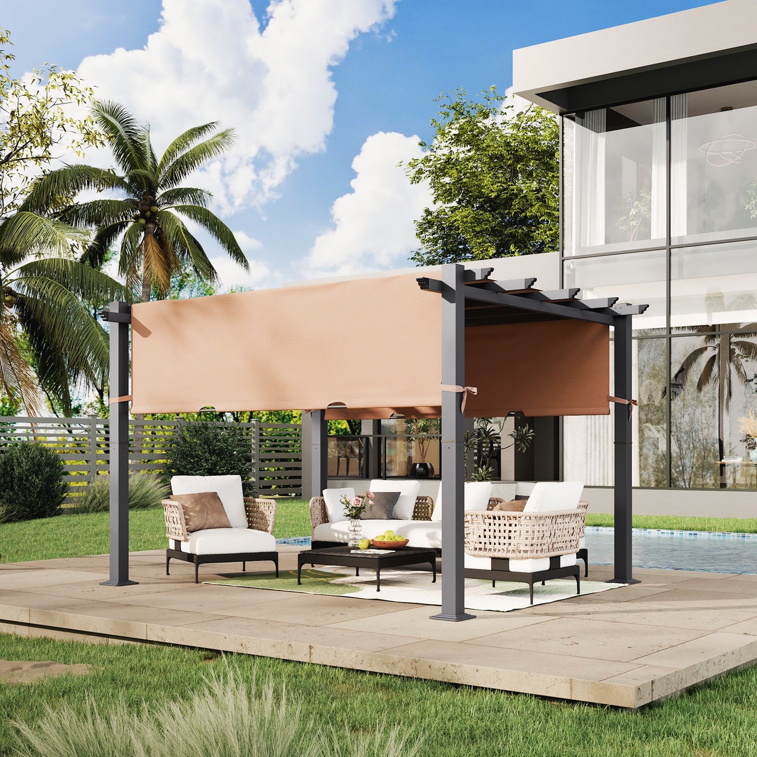 10x12Ft Outdoor Pergola, Patio Metal Pergolas Gazebos with Retractable Shade Canopy, Beige