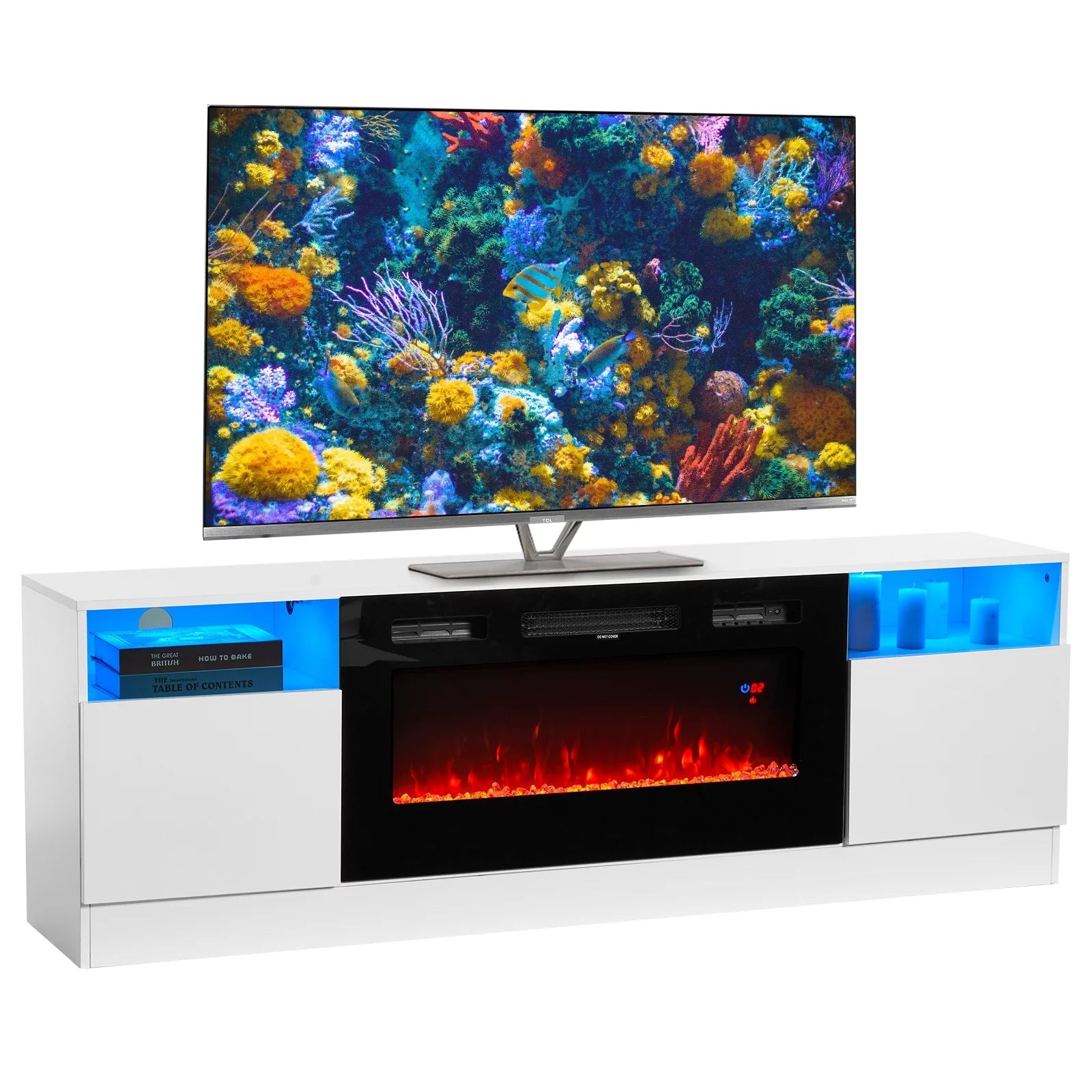 TV Stand with 36" Electric Fireplace, LED Light, for TVs up to 80", White