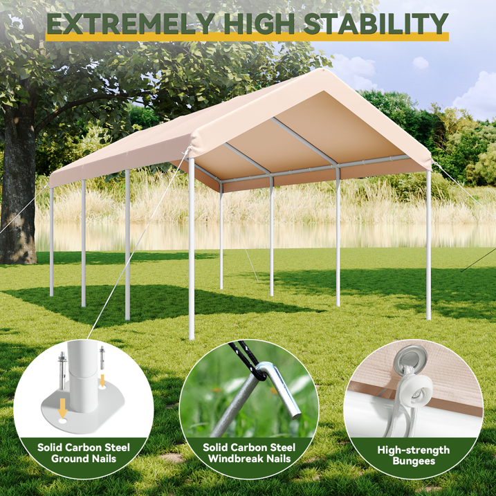 Aoxun 10x20 FT Heavy-Duty Portable Carport, Outdoor Car Canopy Shelter with Waterproof Tarp & Wind Resistant Design, Galvanized Steel Frame for Vehicle, RV, Boat, Truck Cover (Khaki)