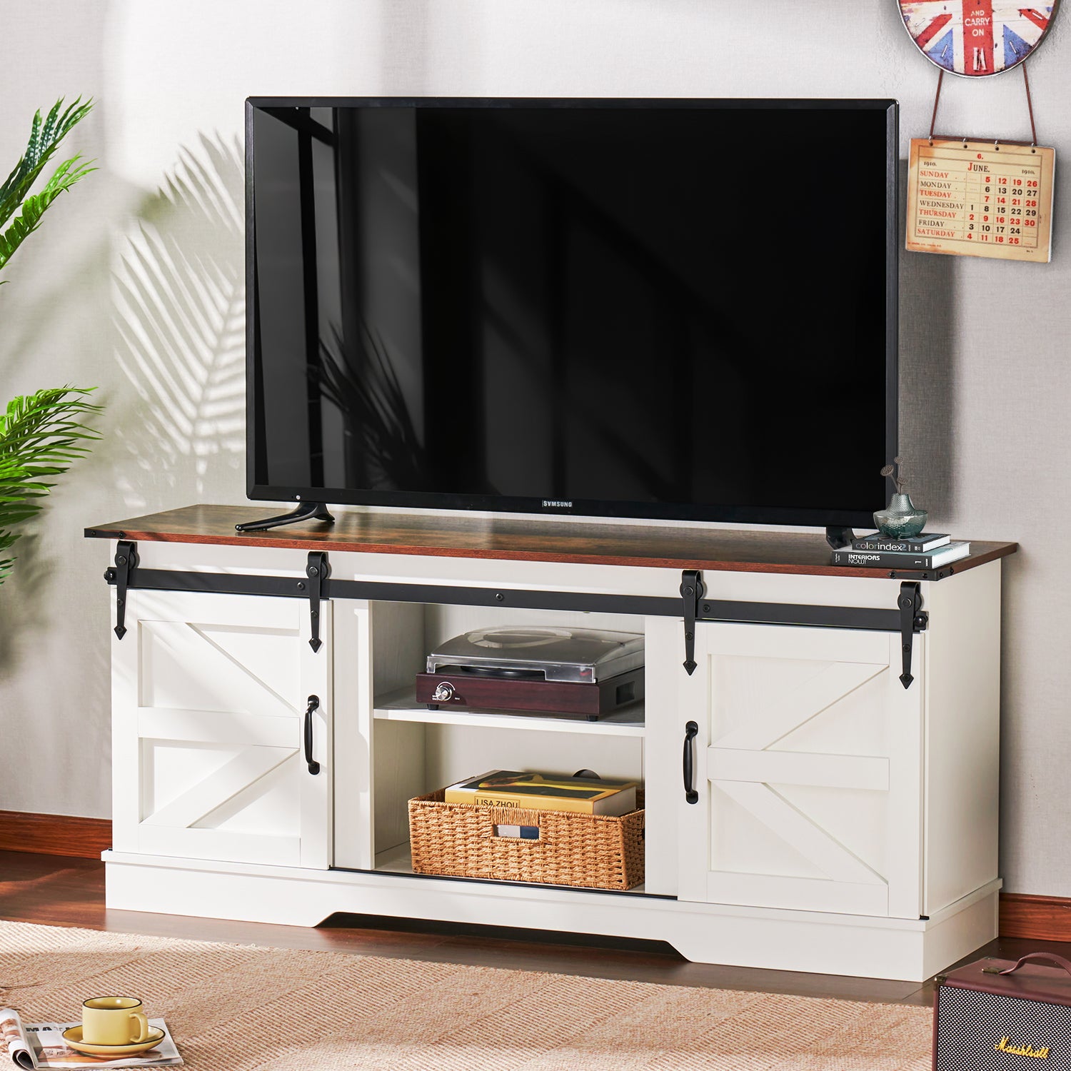 58" Farmhouse TV Stand for TVs up to 65", Sliding Track Doors and Thickened Base, White