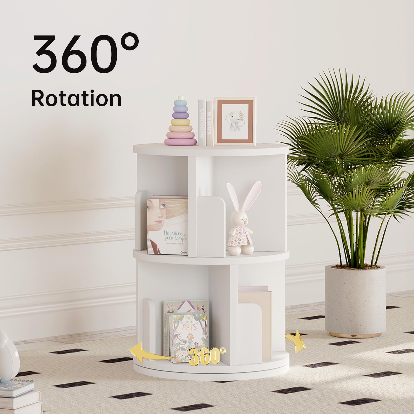 2 Tier Rotating Bookshelf, 360° Rotating Wood Floor Standing Bookcase, Freestanding Storage Shelf, Swivel Bookshelf Display Rack, White