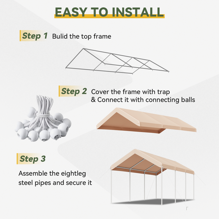 Aoxun 10x20 FT Heavy-Duty Portable Carport, Outdoor Car Canopy Shelter with Waterproof Tarp & Wind Resistant Design, Galvanized Steel Frame for Vehicle, RV, Boat, Truck Cover (Khaki)