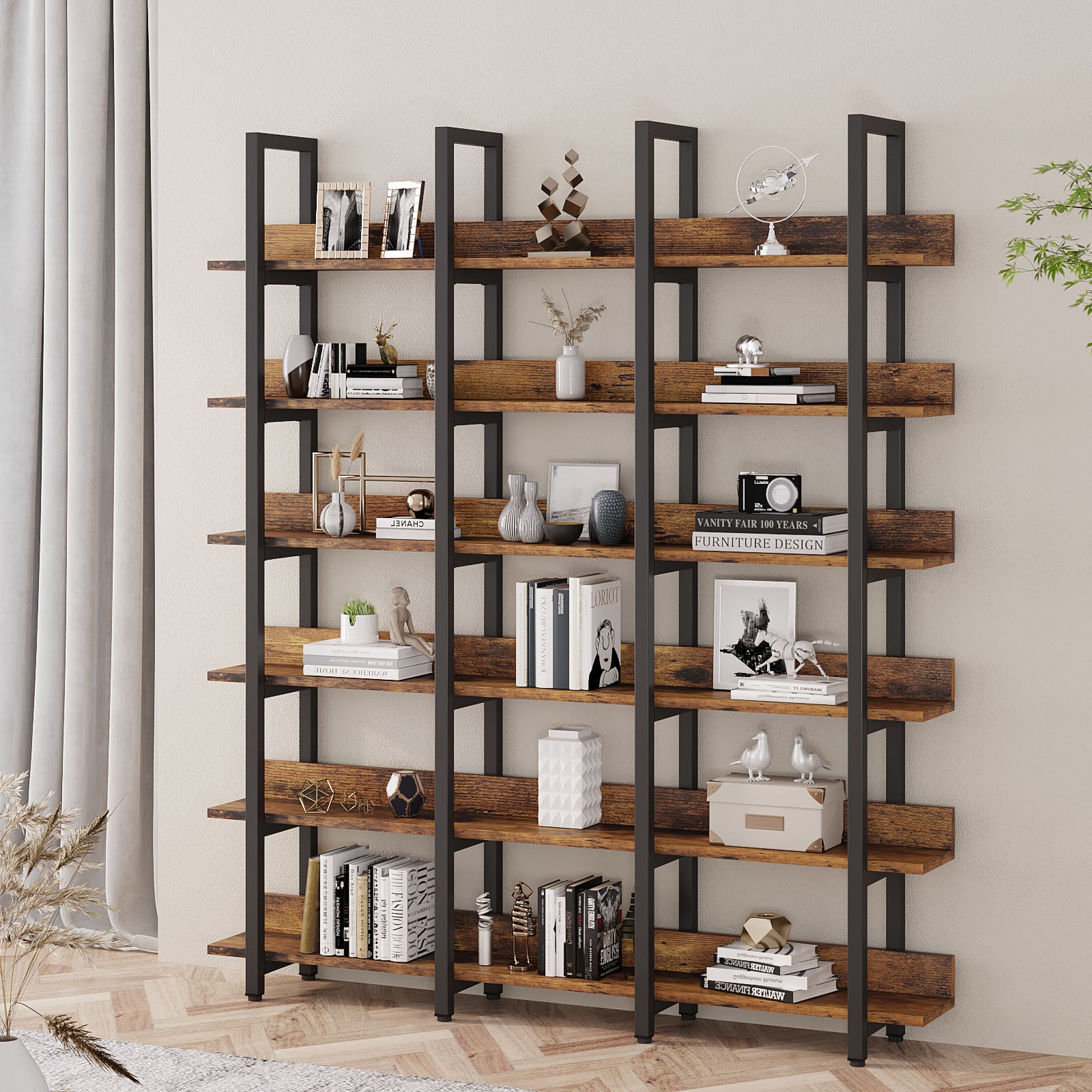 Bookcase and Bookshelves Triple Wide 6 Tiers Large Open Shelves, Vintage Bookcase for Office Home Decoration, Easy to Assemble, Classical Brown