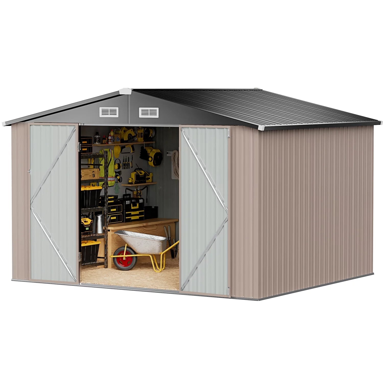 9.7' x 7.6' Outdoor Storage Shed, Meatl Shed with Door & Lock for Backyard, Garden