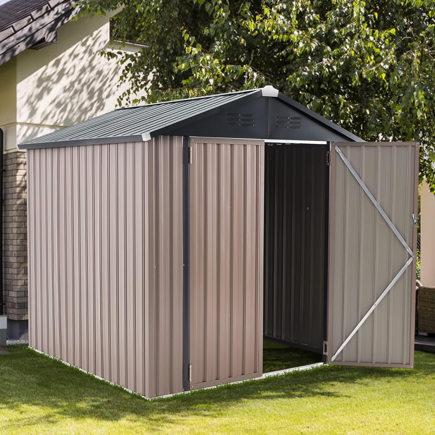 Metal Outdoor Storage Shed 9.7' x 7.6', Outdoor Metal Shed with Base Frame for Tool, Garden, Bike, Brown