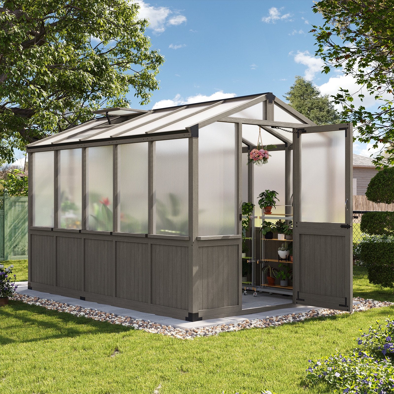 AOXUN 6' x 10' Outdoor Cedar Wood Greenhouse, Walk-in Greenhouse with Adjustable Roof Vent and Lockable Door