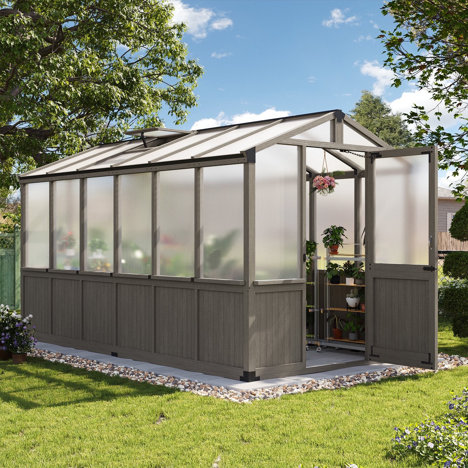 AOXUN 6' x 12' Outdoor Cedar Wood Greenhouse, Walk-in Greenhouse with Adjustable Roof Vent and Lockable Door