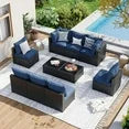 10 Piece Patio Furniture Set Wicker Rattan Patio Sectional Sofa Set Outdoor Seating Furniture with 4'' Thickened Cushion, Navy Blue (Include Waterproof Cover)