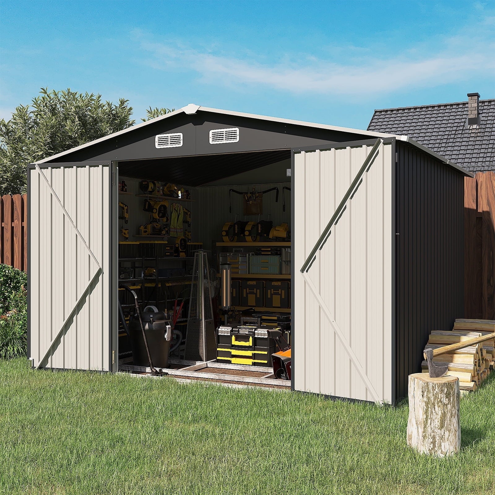 Outdoor Storage Shed, 9.7x7.6 FT, Metal Storage Shed with Door & Lock, Steel Utility Tool Shed with Base Frame for Backyard Garden Patio Lawn, Brown