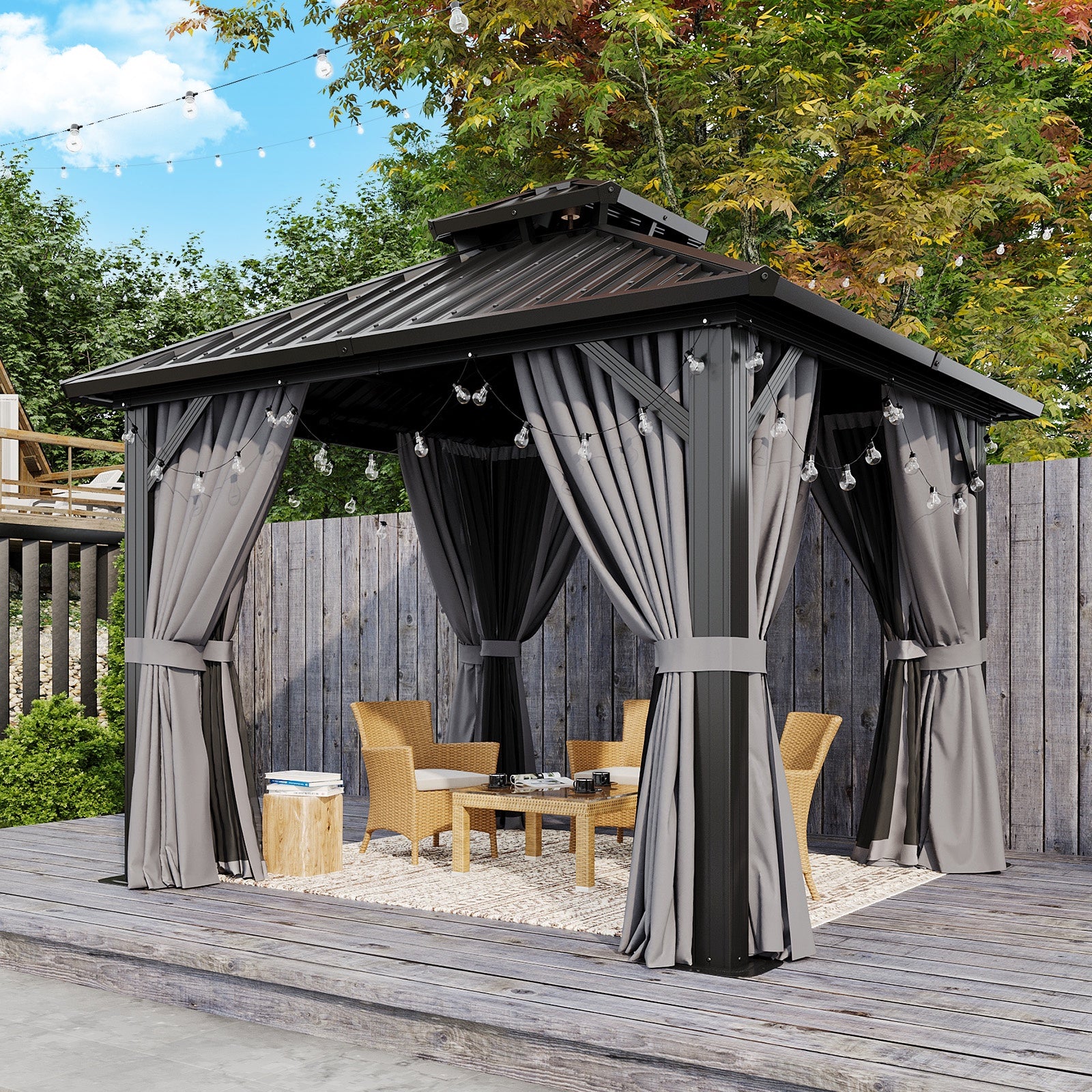 10'x10' Hardtop Gazebo, Aluminum Frame Gazebo with Double Galvanized Steel Roof, Outdoor Metal Pavilion with Netting and Curtains for Backyard, Gray