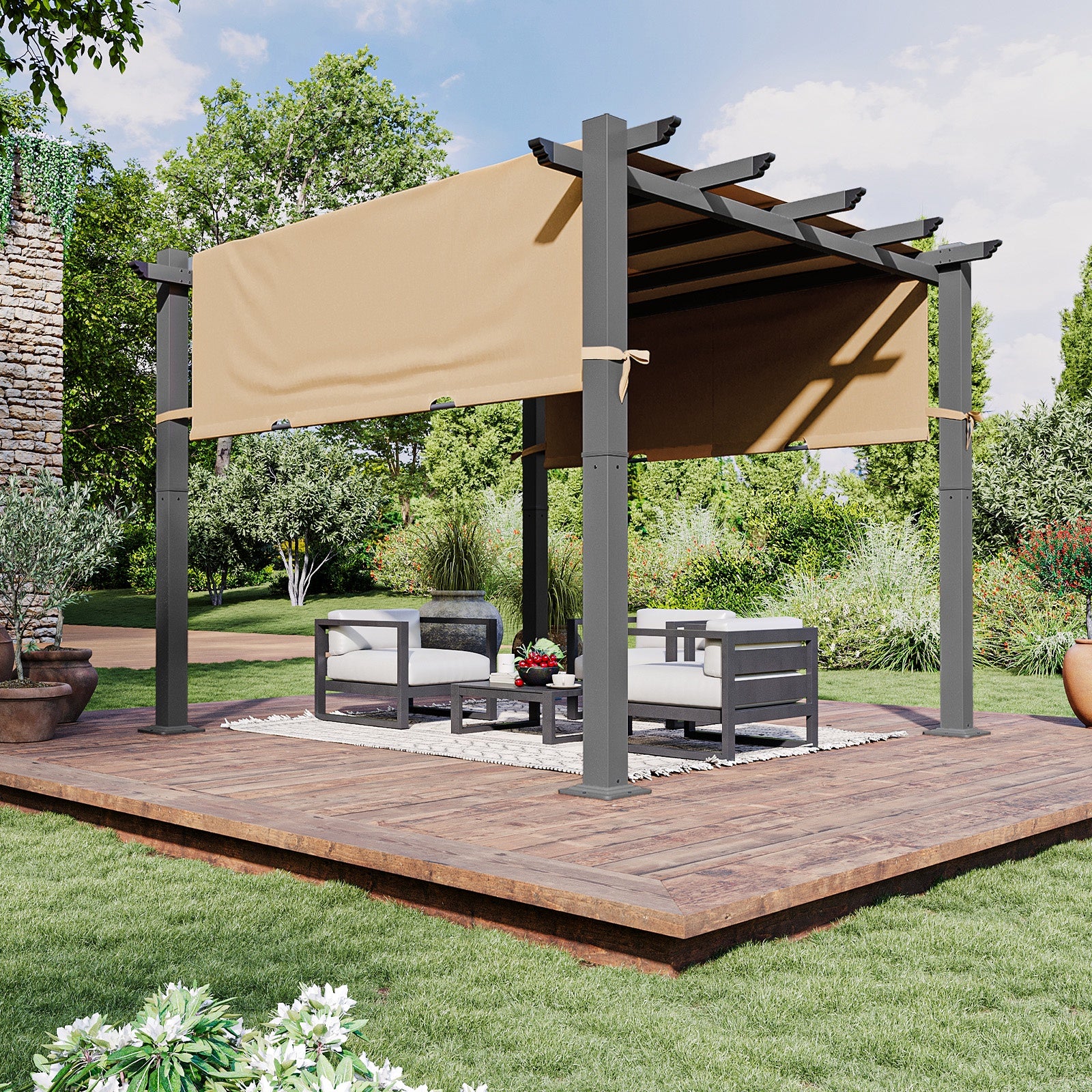 10'x10' Outdoor Retractable Pergola, Heavy-Duty Aluminum Pergola Patio, Modern Pergola with Retractable Sun Shade Canopy for Garden, Decks, and Backyards