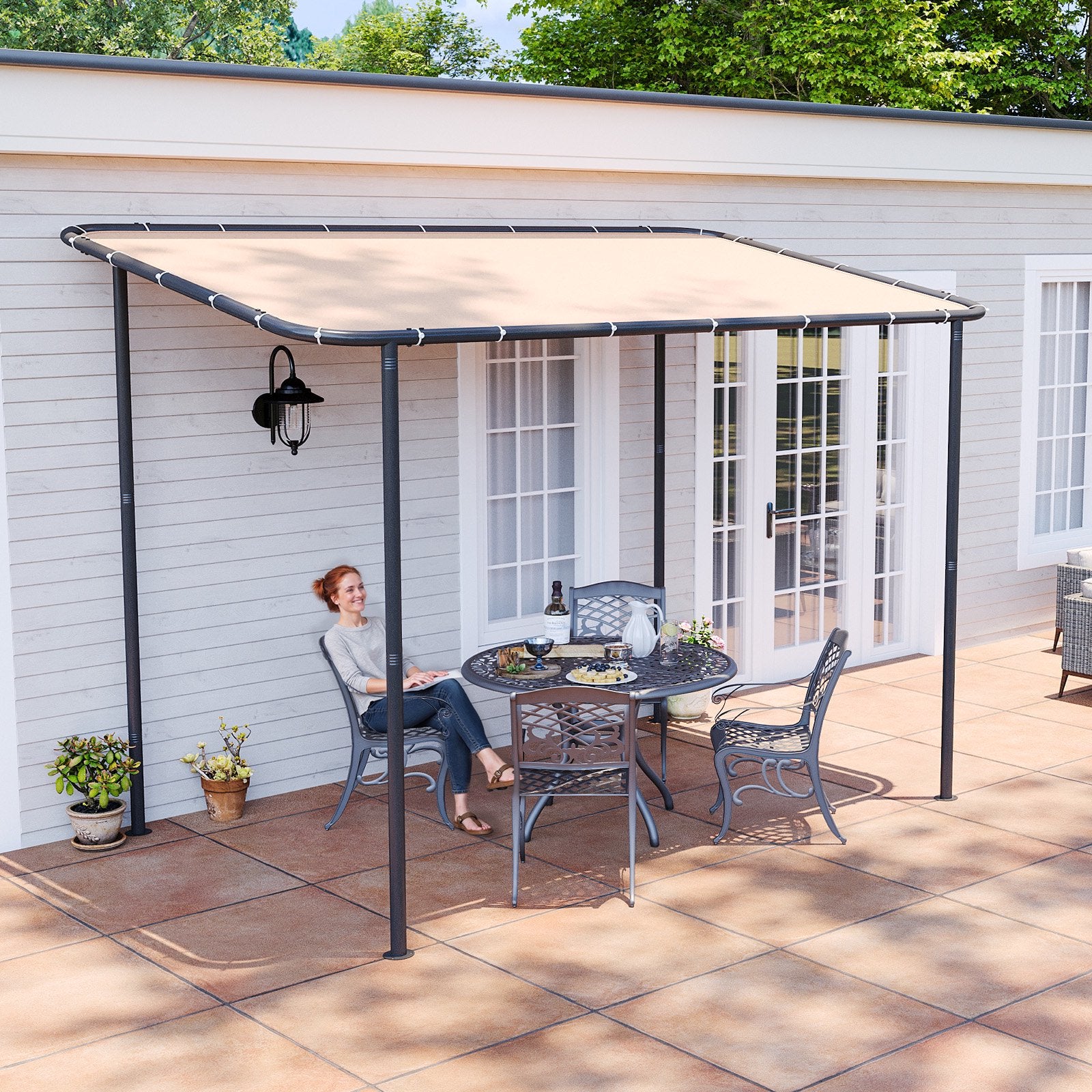 Aoxun 10x6 Lean to Gazebo Outdoor Pergola with Water Resistant & UV-Resistant, Wall-Mounted Canopy Sloped Roof Awning for Patio Backyard, Deck, or Garden Khaki