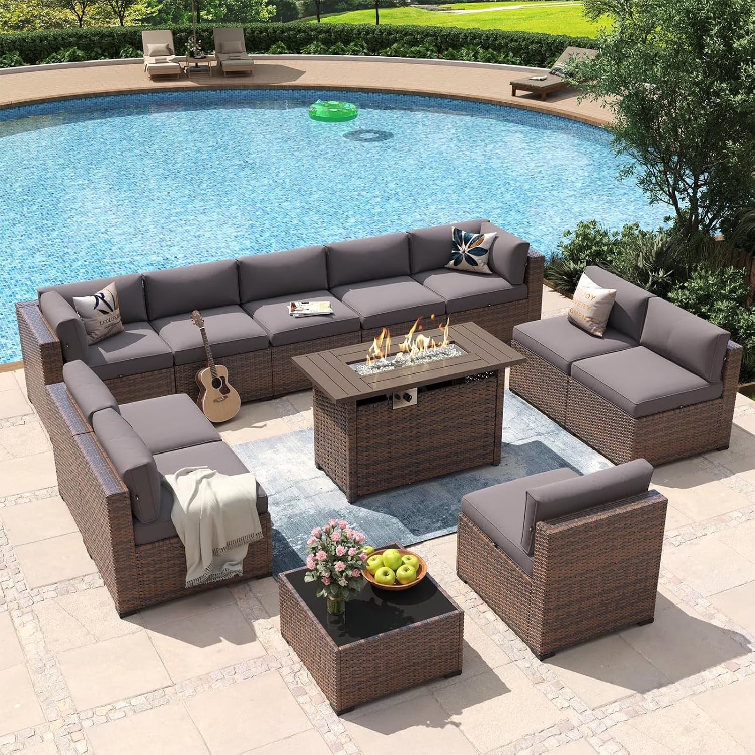 Aoxun 12 Piece Patio Furniture Set with 44” Fire Pit Table Wicker Rattan Outdoor Sectional Sofa Set with Coffee Table and 4” Thickened Cushions, Gray (Waterproof Cover Included)