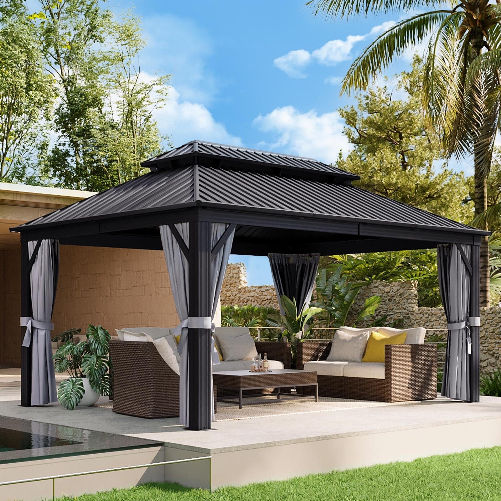 12 ft. x 16 ft. Outdoor Hardtop Gazebo, Galvanized Double Roof Aluminum Pavilion with Netting and Curtains for Garden, Patio, Lawns, Gray