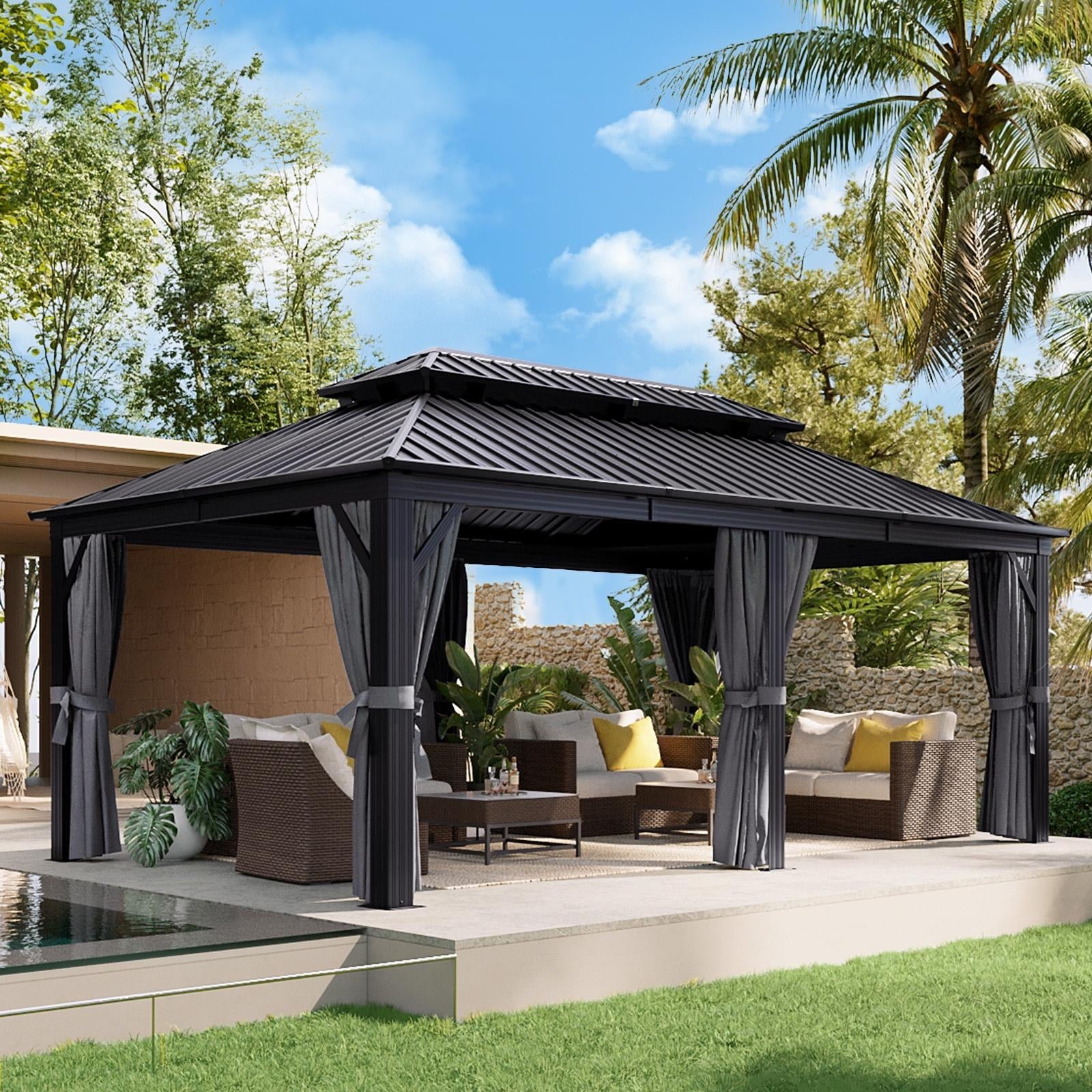 12x20 Hardtop Gazebo, Outdoor Galvanized Steel Double Roof Canopy with Netting and Curtains for Garden, Patio, Lawns, Gray