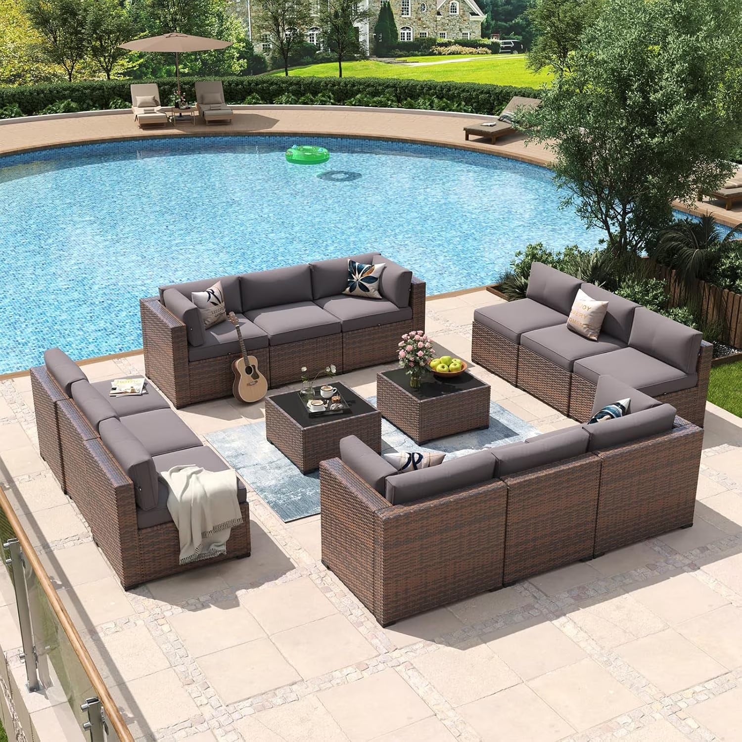 Aoxun 14 Piece Patio Furniture Set Wicker Rattan Patio Conversation Set Outdoor Sectional Sofa Set with Coffee Table and 4” Thickened Cushions, Gray(Waterproof Cover Included)