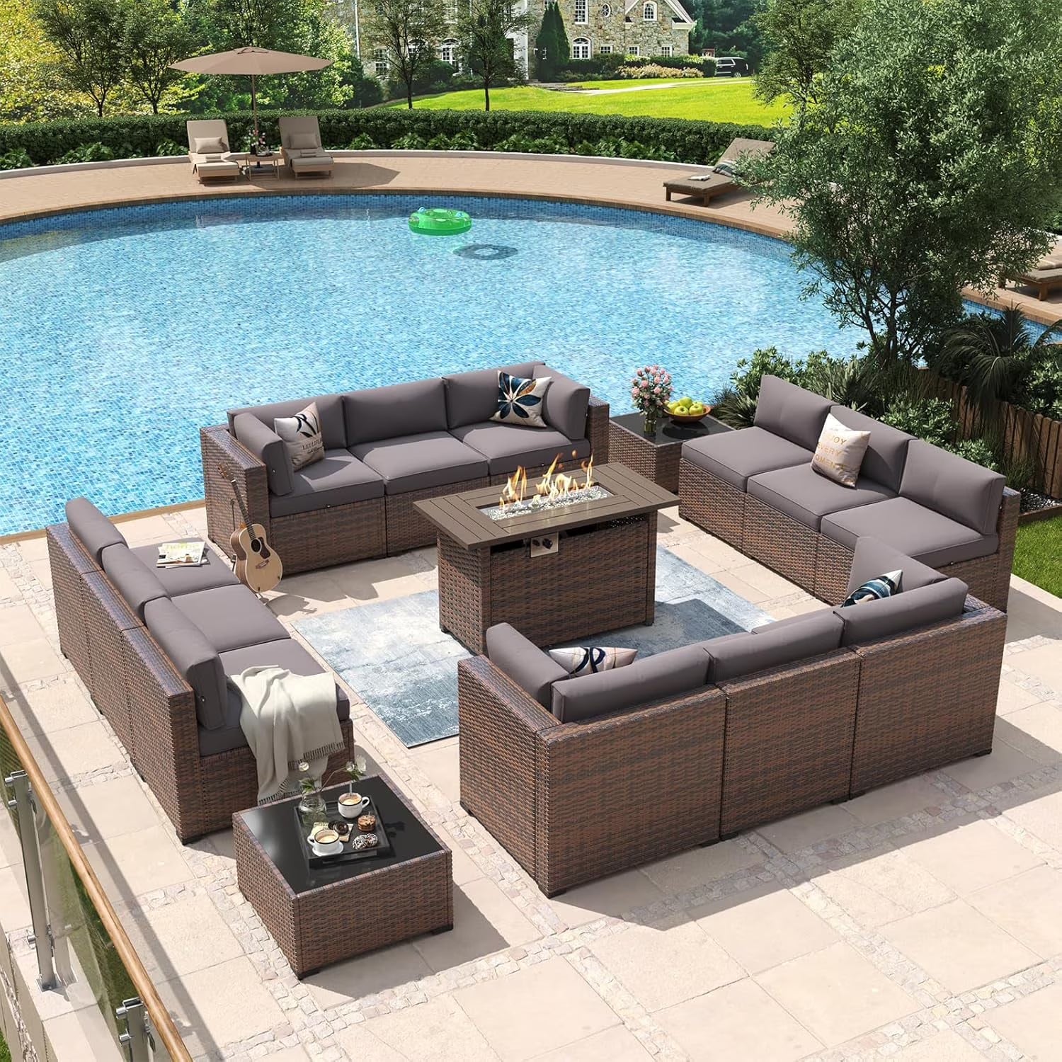 Aoxun 15 Piece Patio Furniture Set with 44” Fire Pit Table Wicker Rattan Outdoor Sectional Sofa Set with Coffee Table and 4” Thickened Cushions, Gray (Waterproof Cover Included)