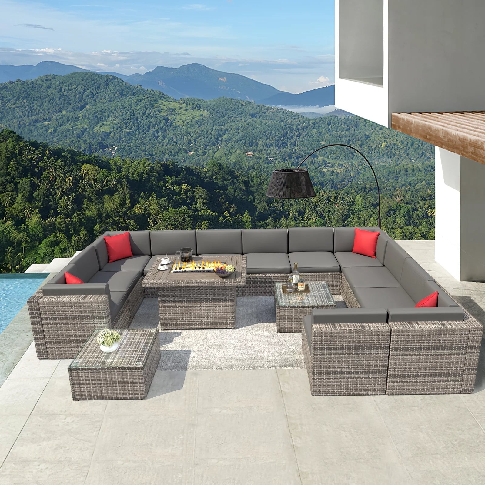 15-Piece Patio Furniture Set with Propane Fire Pit Table Wicker Outdoor Conversation Set, Gray