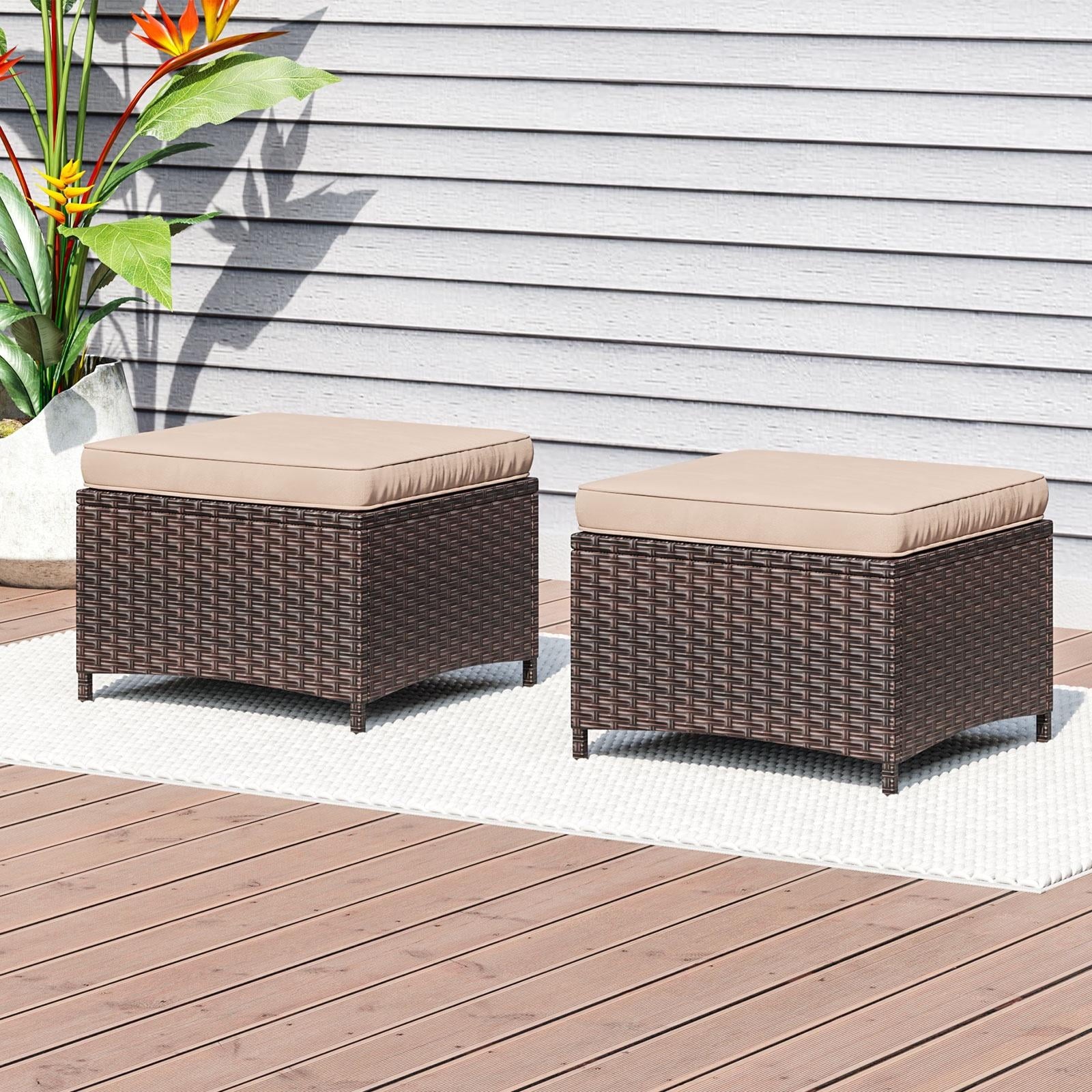 2 Piece Ottomans, Footrest Ottoman with Beige Cushions, Small Footstool Rectangle Bench For Patio, Garden, Backyard