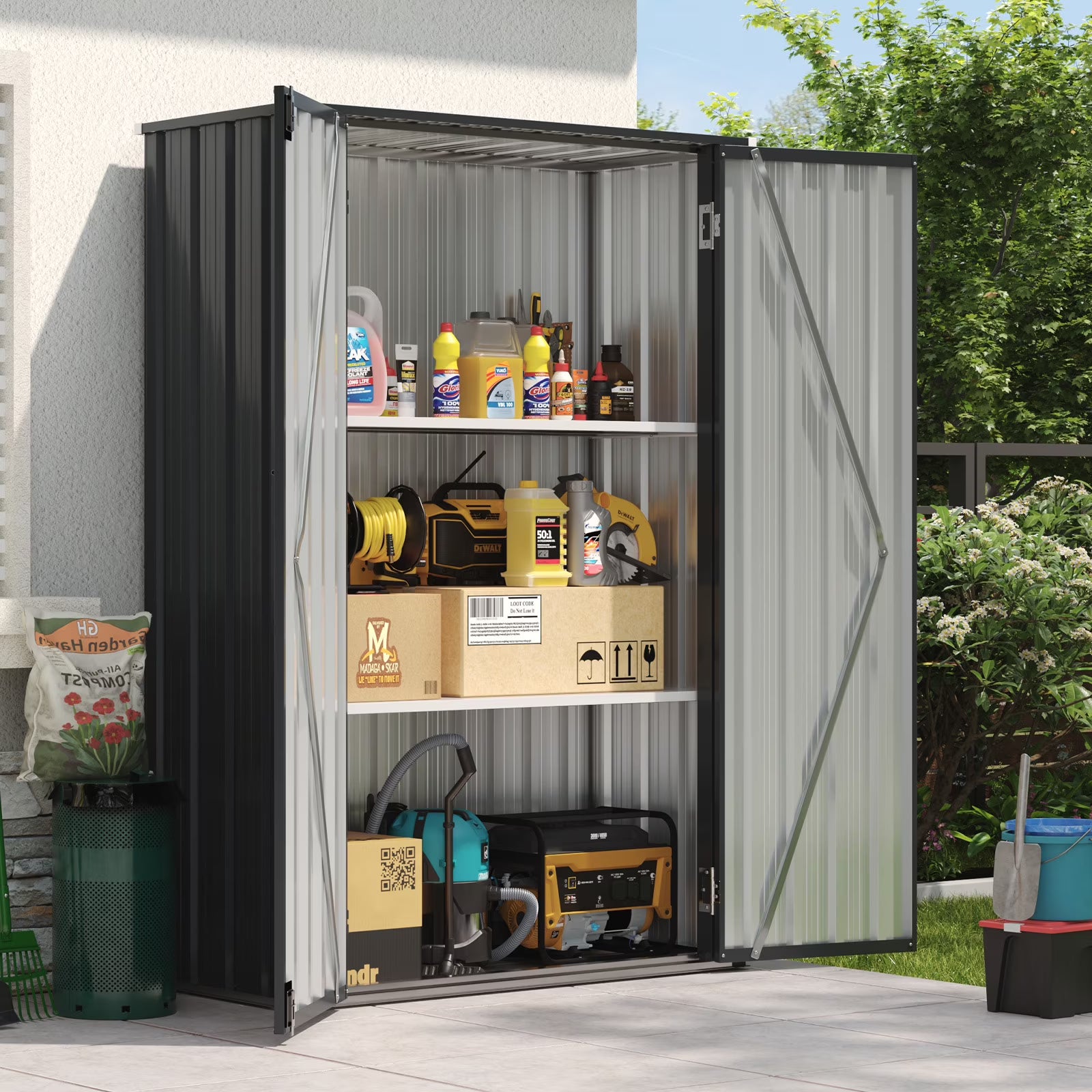 Aoxun 4x1.5 ft. Black Metal Storage Shed with 2 Shelves, Outdoor Waterproof Cabinet