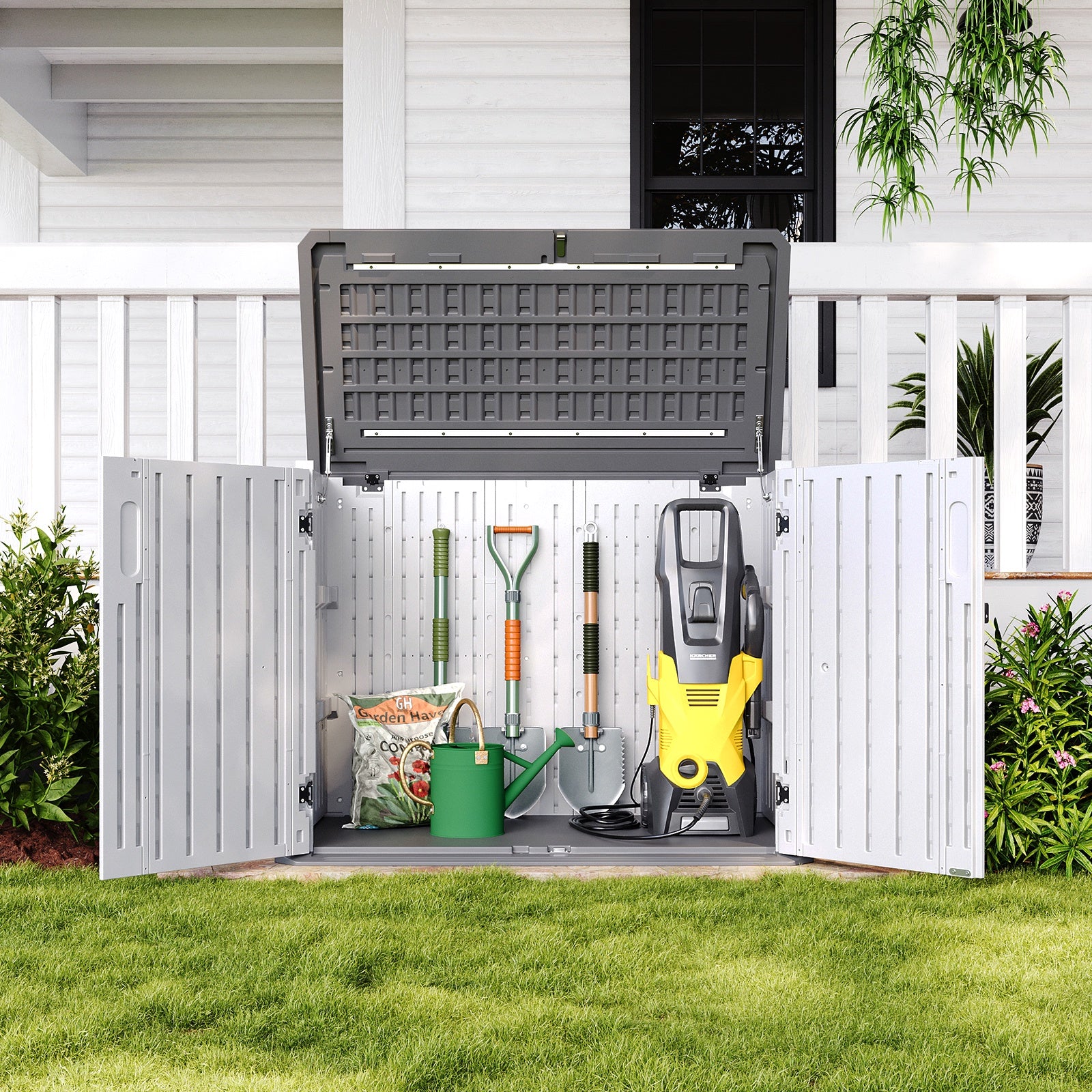 52inch Outdoor Storage Cabinet, Patio Waterproof Trash Can, Outdoor Horizontal Storage Shed for Garbage Bin, Generator, and Lawn Mower (White)