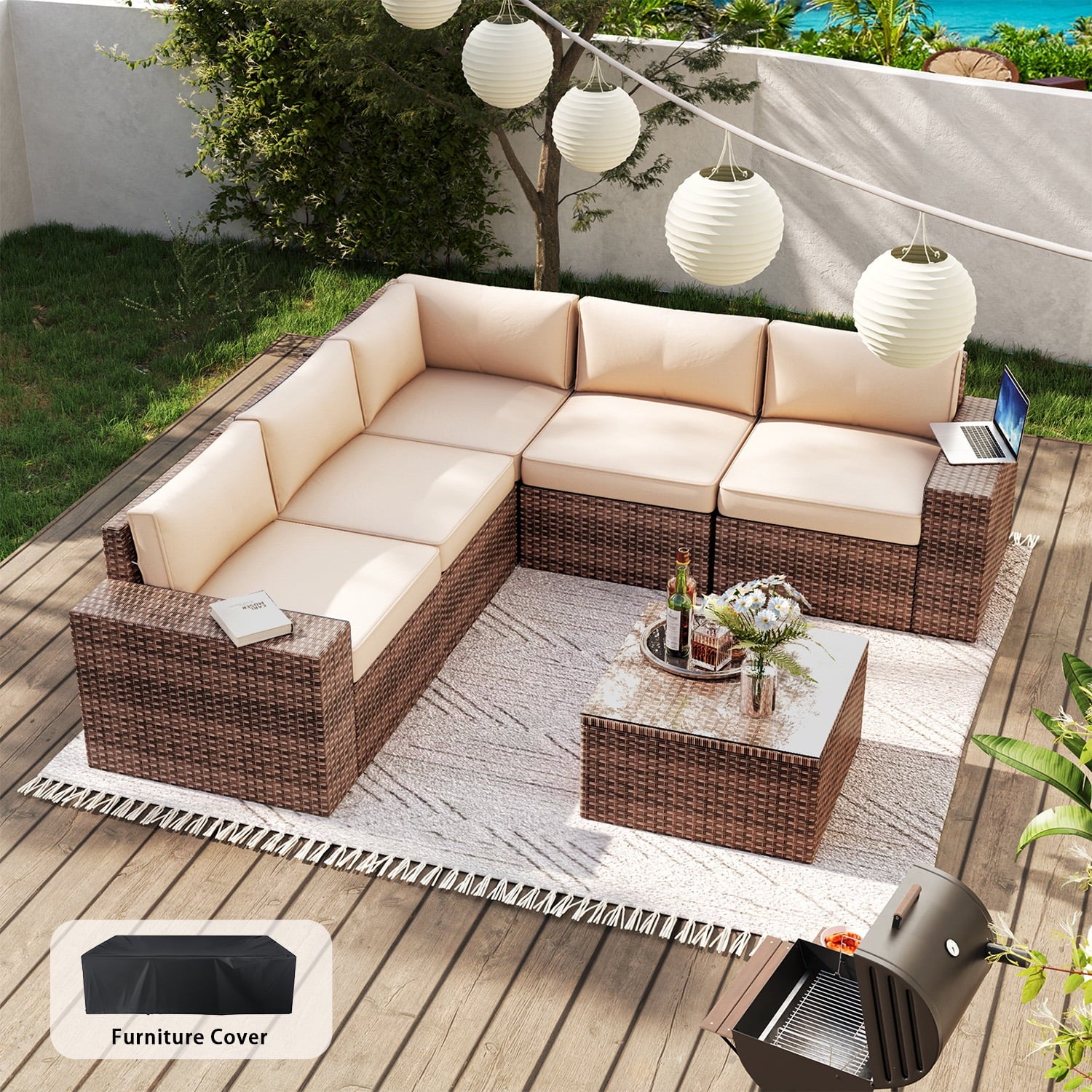 6 Pieces Patio Furniture Sets With Waterproof Cover, Outdoor Sectional Rattan Sofa Set, Outdoor Furniture Set with Coffee Table, Beige