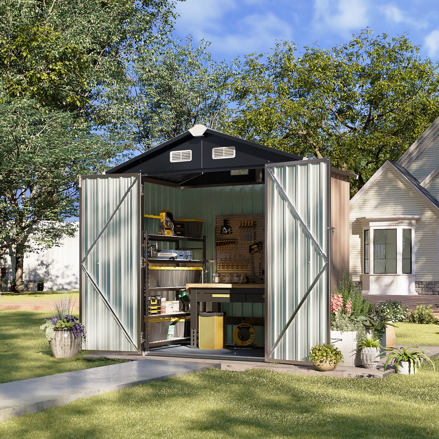 6x4 FT Outdoor Storage Shed, Galvanized Metal Shed with Lockable Door, Utility Steel Tool Shed with Air Vents for Garden, Backyard, Patio, Lawn(with Plastic Floor)