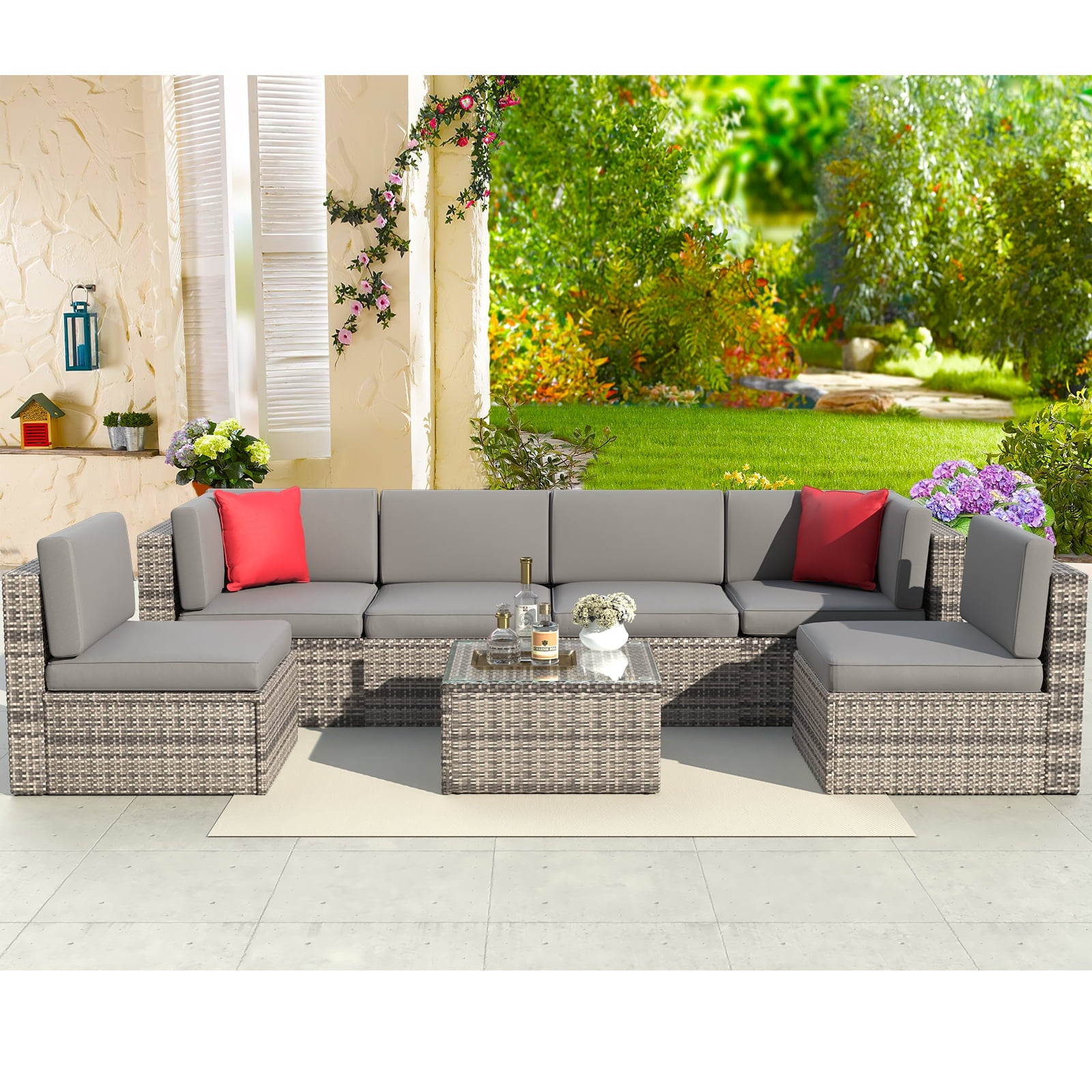 7-Piece Outdoor Patio Furniture Set, Conversation Set, Sectional Sofa with Cushions, Gray