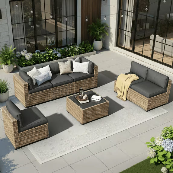 Aoxun 7 Piece Patio Furniture Set Wicker Rattan Patio Conversation Set Outdoor Sectional Sofa Set with Coffee Table and 4” Thickened Cushions, Black(Waterproof Cover Included)