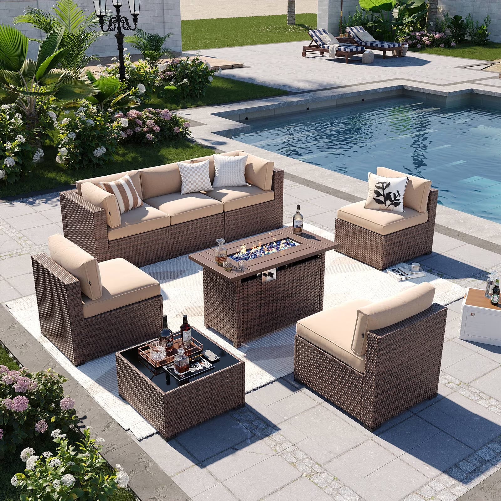Aoxun 8 Piece Patio Furniture Set with 44” Fire Pit Table Wicker Rattan Outdoor Sectional Sofa Set with Coffee Table and 4” Thickened Cushions, Beige (Waterproof Cover Included)