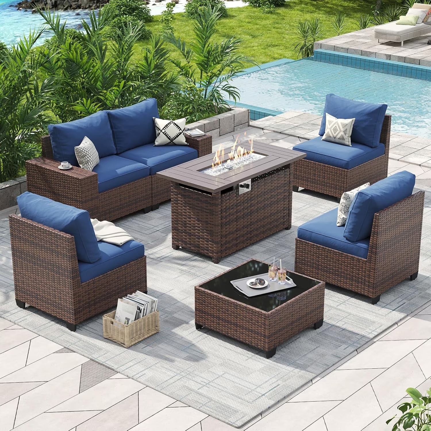 Aoxun Outdoor Furniture with 44'' Fire Pit, 7 Pcs Outdoor Patio Furniture Sets with 4in Thicken Cushion, Widen Armrests Wicker Outdoor Sectional for Backyard (Waterproof Cover Include)